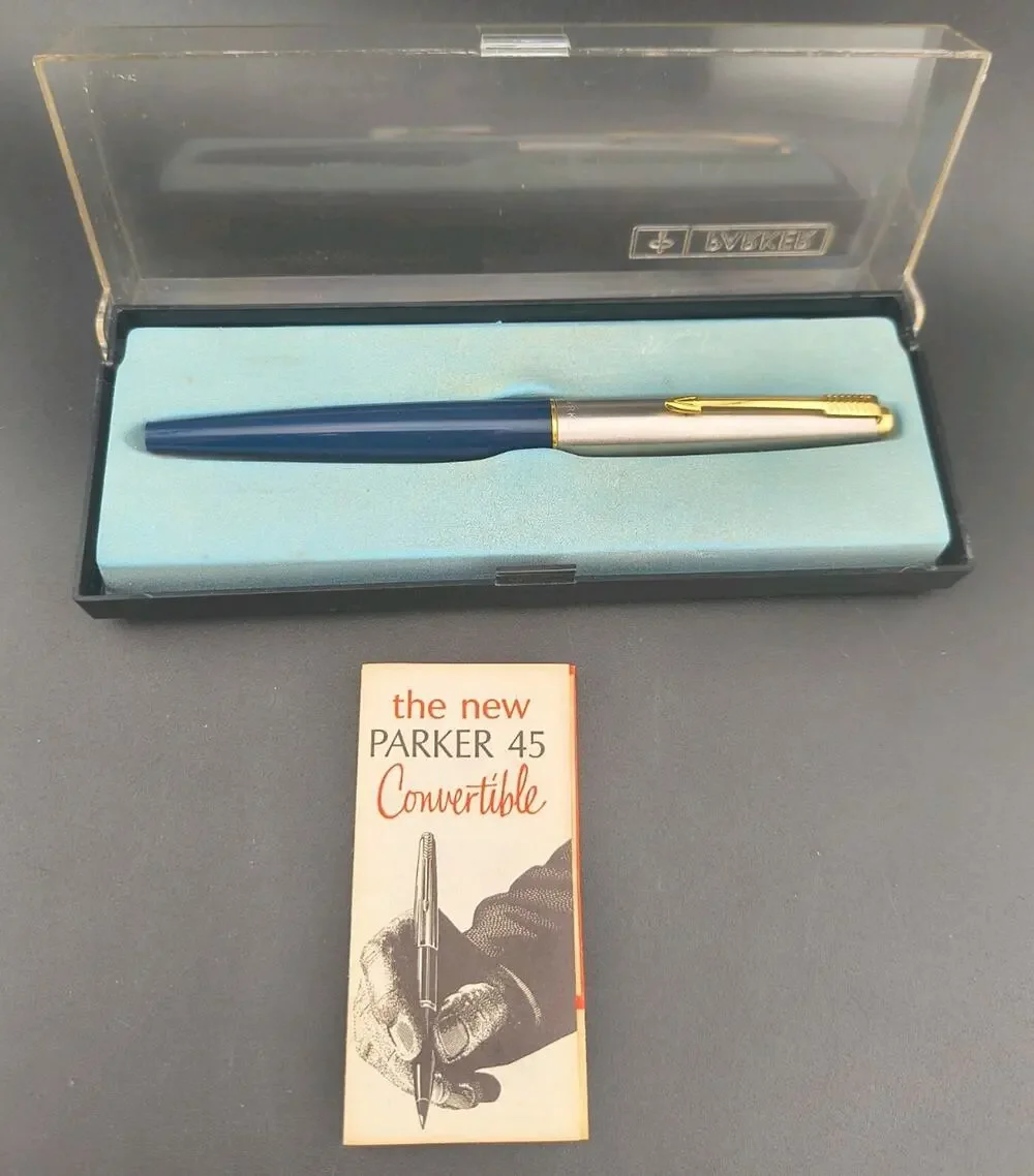 Vintage Parker 45 Fountain Pen Set Blue 14K Gold Nib with Case